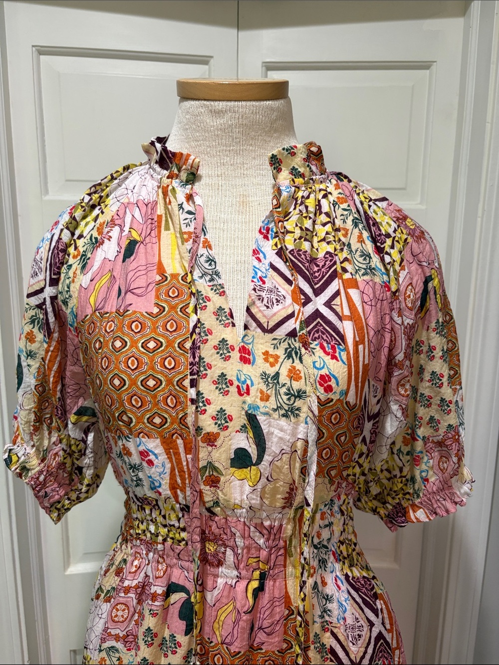 THML sz S midi to maxi patchwork tiered dress with puff sleeve and ruffle neck - Picture 3 of 9